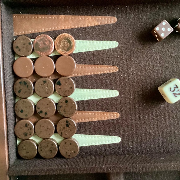 Vtg Backgammon Board Game Set Faux Brown Leather Travel Case Interior Stitched - Picture 4 of 16
